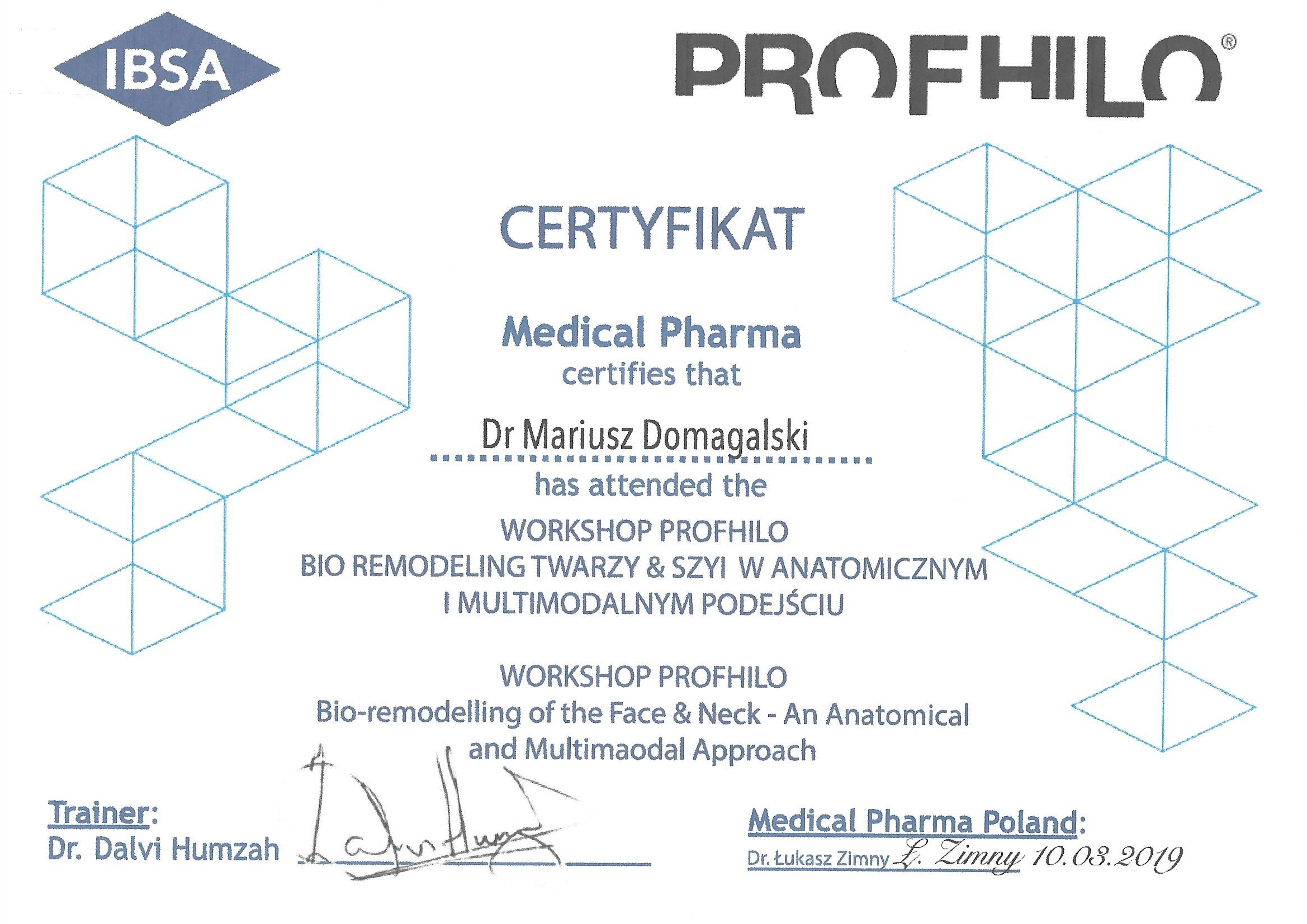 Certyfikat ukończenia praktycznego szkolenia z technik stosowania wypełniacza Profhilo (2019)